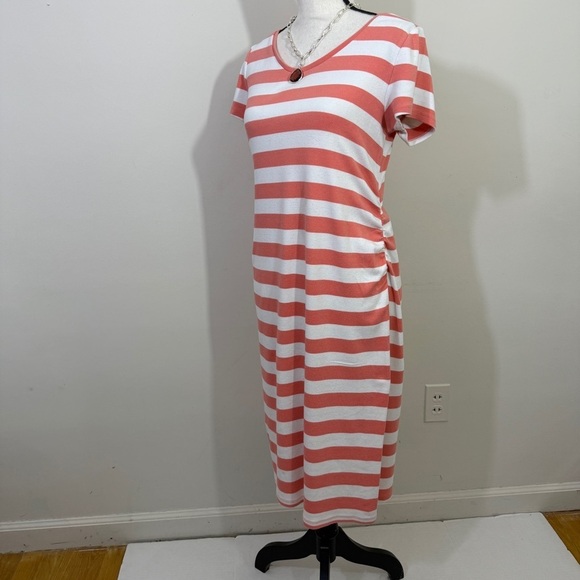 Striped Coral and White maternity V-Neck Dress - Picture 3 of 8